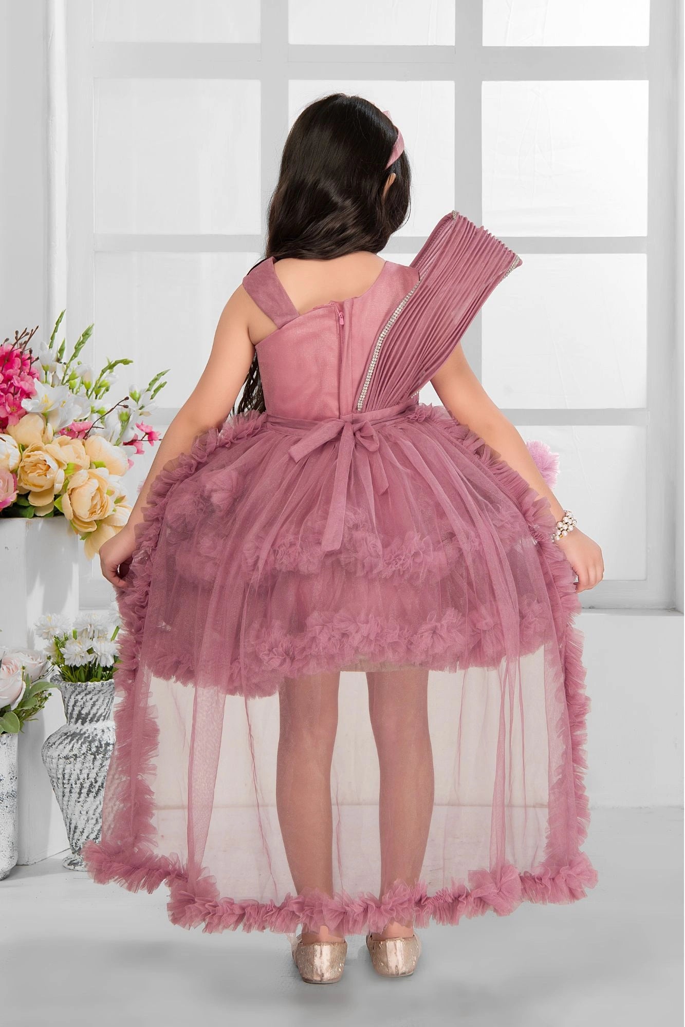 Dusty Rose Party Wear Frock with Sequin Bodice & Ruffled Hemline For Girls