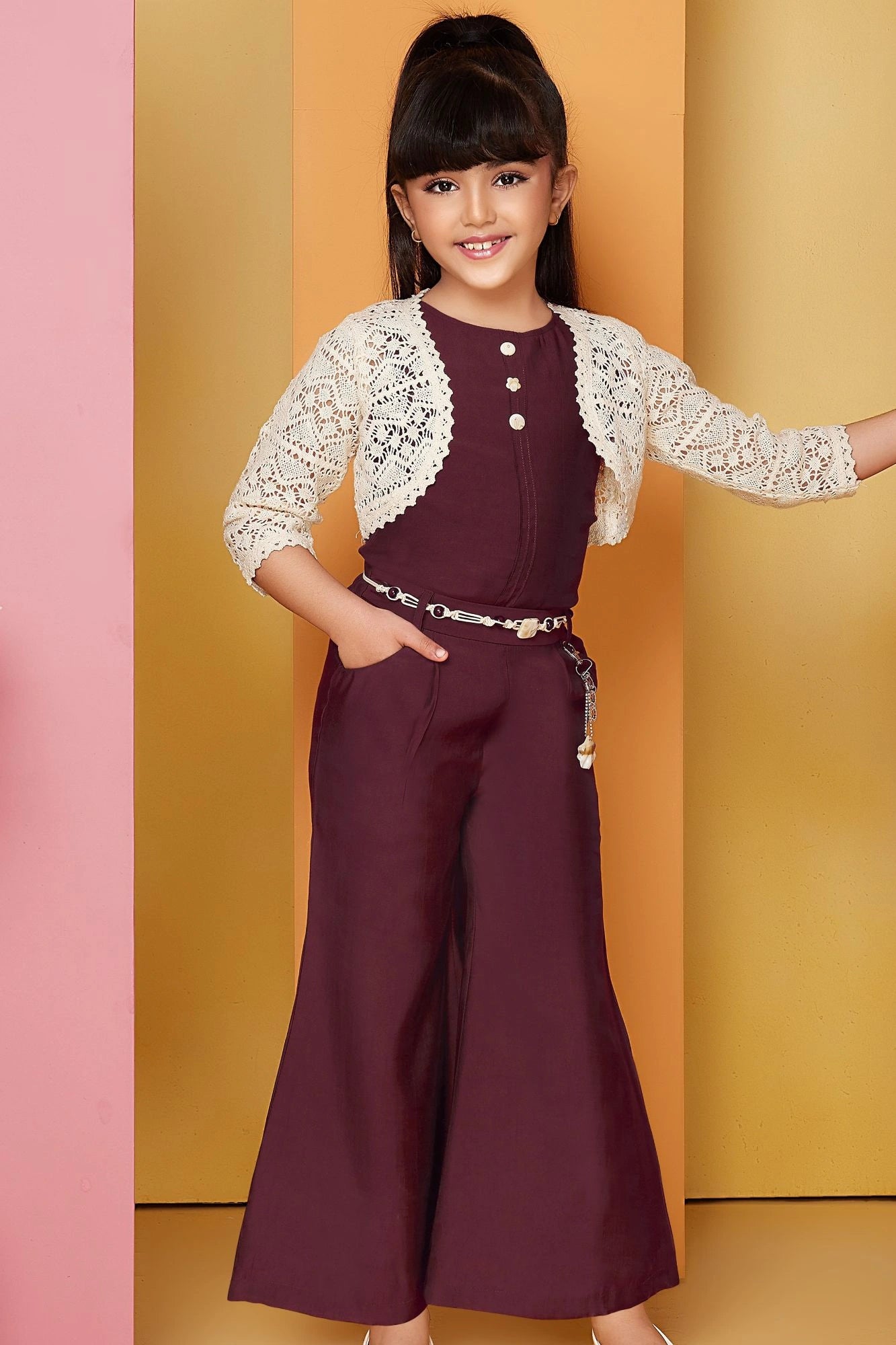 Maroon Palazzo Set with Crochet Shrug For Girls