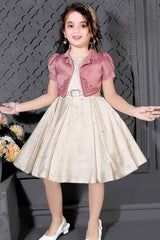 Cream Frock With Onion Pink Sequin Overcoat For Girls