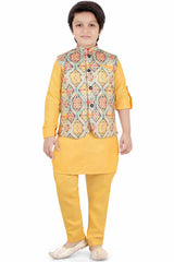 Gold Kurta With Printed Bandi Set For Boys