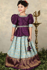 Wine And Blue Banarasi Silk Pattu Lehenga Choli Set For Girls