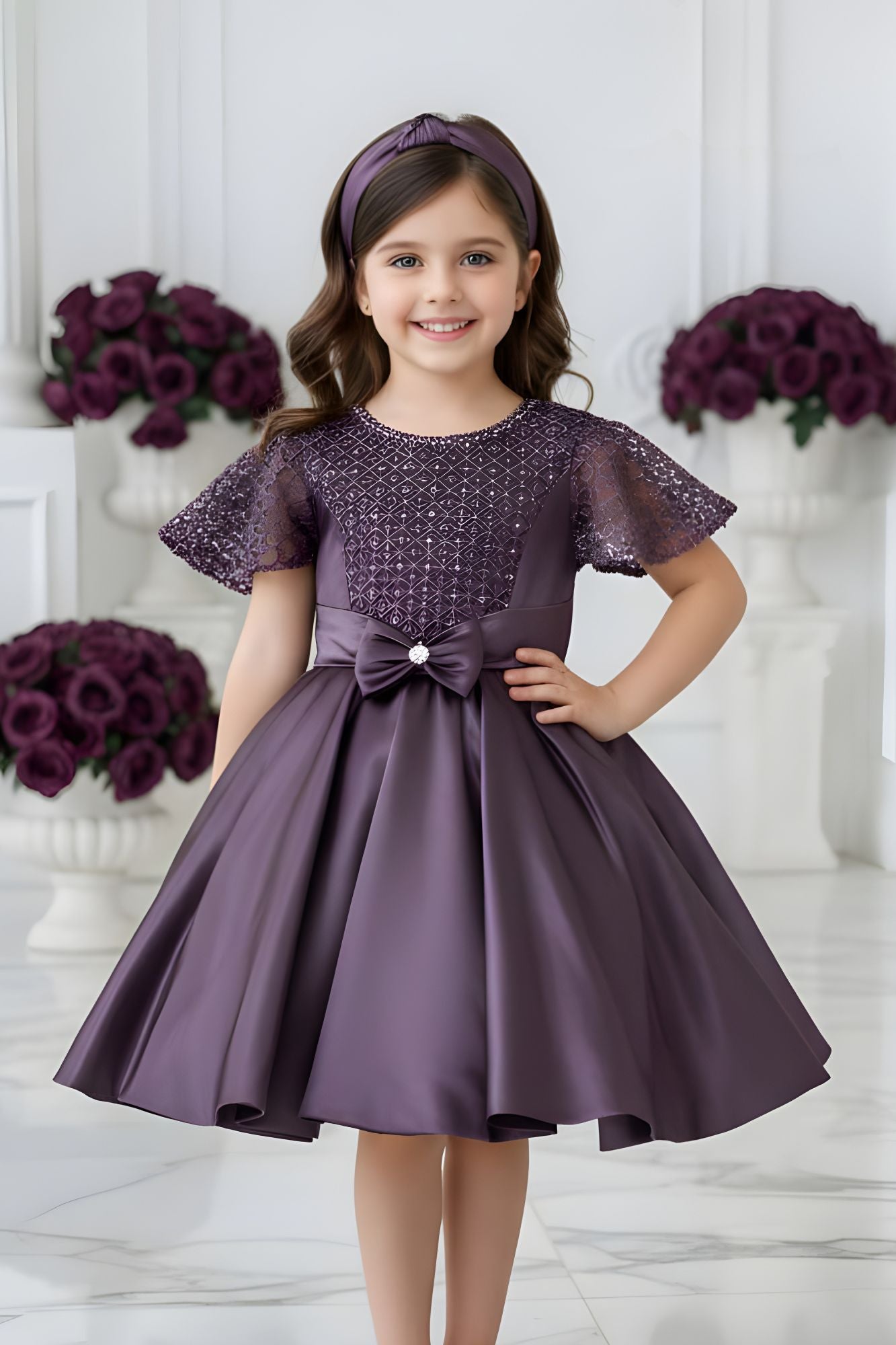 Wine Embellished Party Wear Frock with Bow Waist Accent For Girls