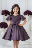 Wine Embellished Party Wear Frock with Bow Waist Accent For Girls