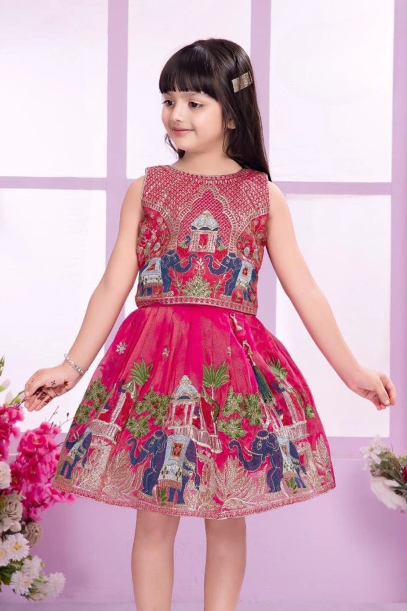 Royal Elephant Motif Pink Embroidered Ethnic Skirt And Top Set For Girls