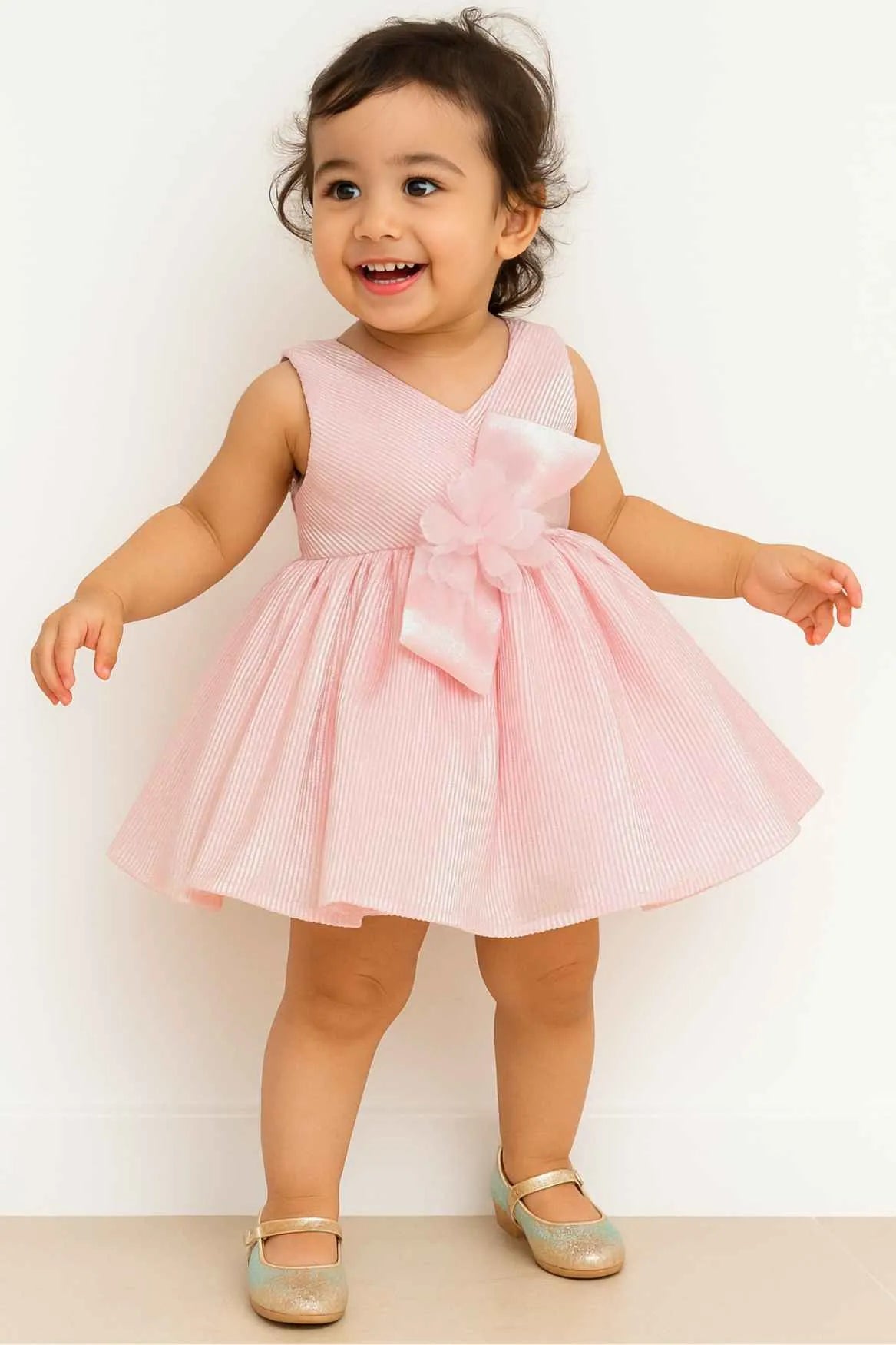 Pink Shimmer V-Neck Party Dress With Floral Bow For Girls