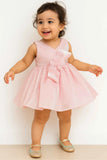 Pink Shimmer V-Neck Party Dress With Floral Bow For Girls