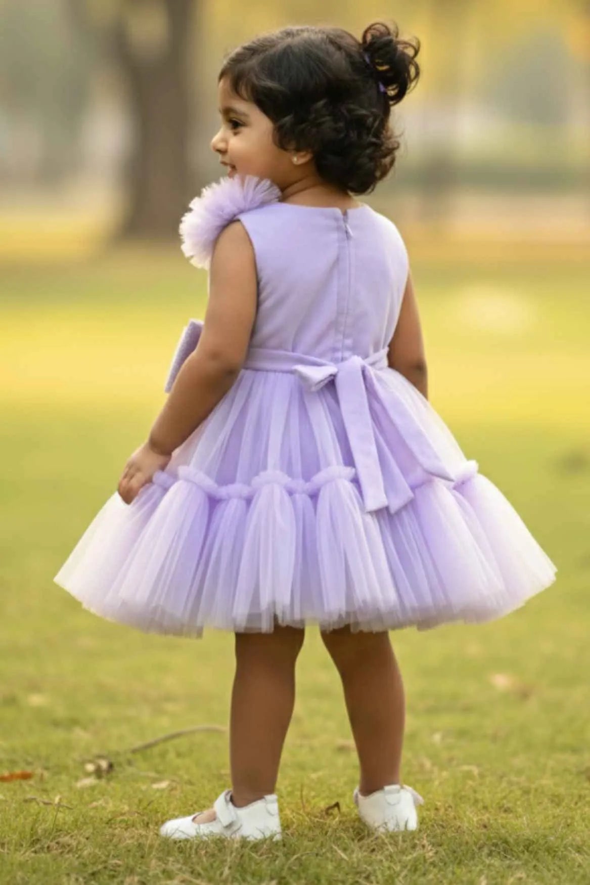 Lilac Tulle Party Wear Frock with Oversized Bow For Girls