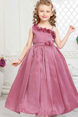 Pink Gown With Floral Embellished And Stone Waist Band For Girls