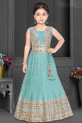 Blue Sequin and Embroidery Lehenga Choli Set For Girls