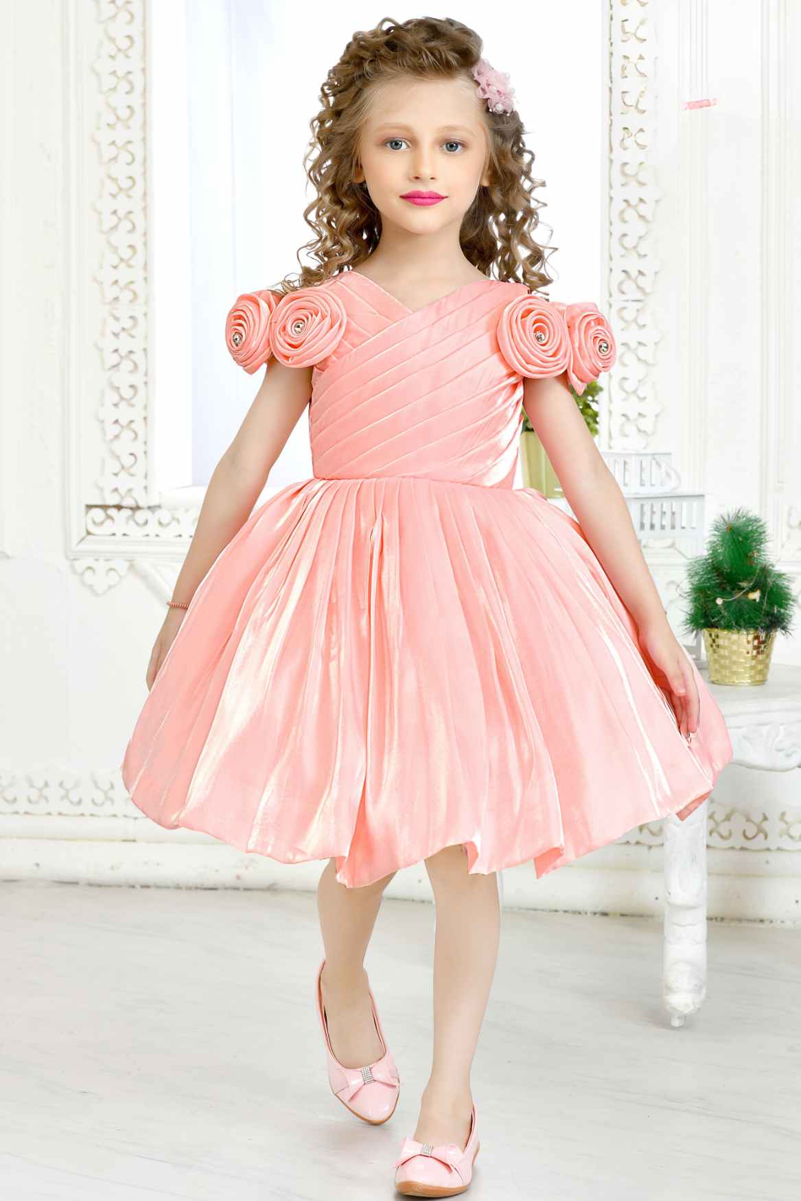 Peach Partywear Frock Embellished With Flowers For Girls