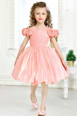 Peach Partywear Frock Embellished With Flowers For Girls