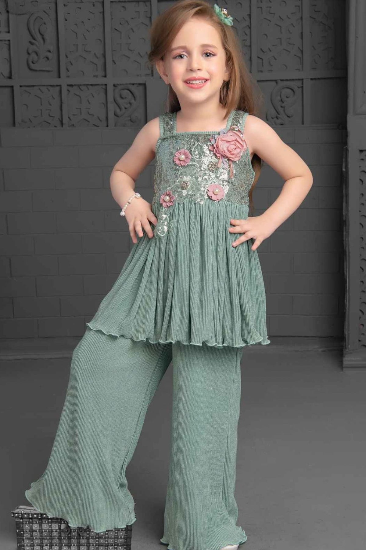 Aqua Blue Embellished Palazzo Set For Girls