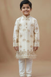 Beige Gold Foil Printed Kurta Set For Boys