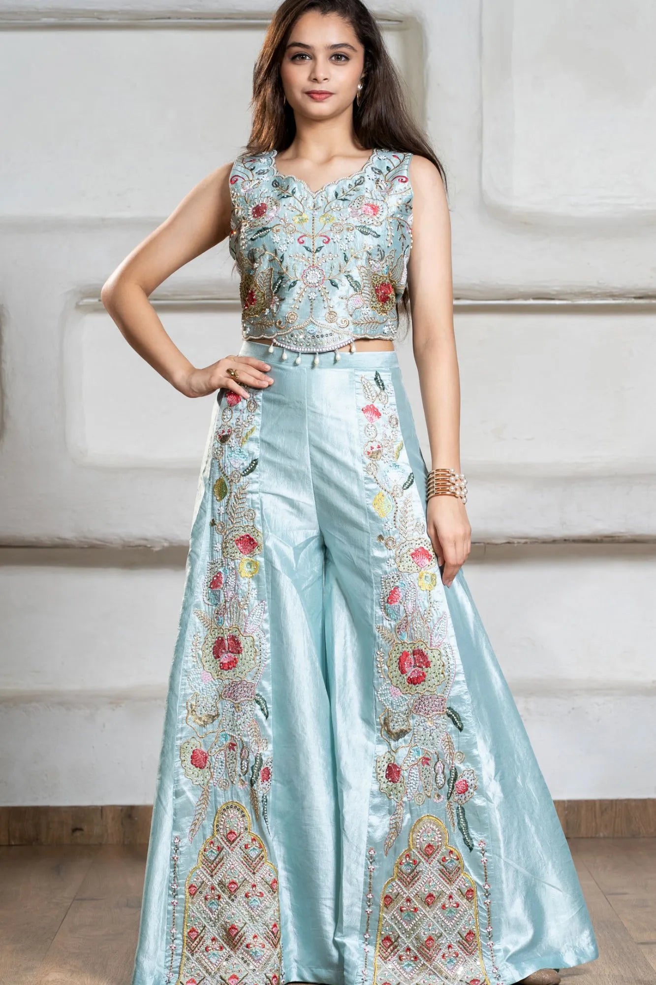 Aqua Blue Heavy Embroidered Crop Top with Flowing Palazzo For Girls