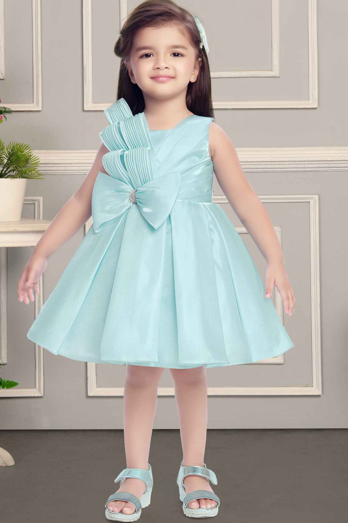 Sky Blue Frock With Bow Embellished For Girls 6-12M (16) Sky Blue Frock With Bow Embellished For Girls 6-12M (16)