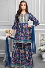 Blue Floral Printed And Sequin Palazzo Sets For Girls