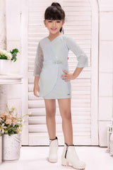 Blue 3/4th Sleeves And Sequins Work With Floral Embellished Dress For Girls