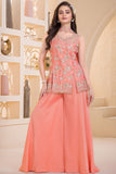 Coral Peach Embroidered Georgette Palazzo Set For Girls