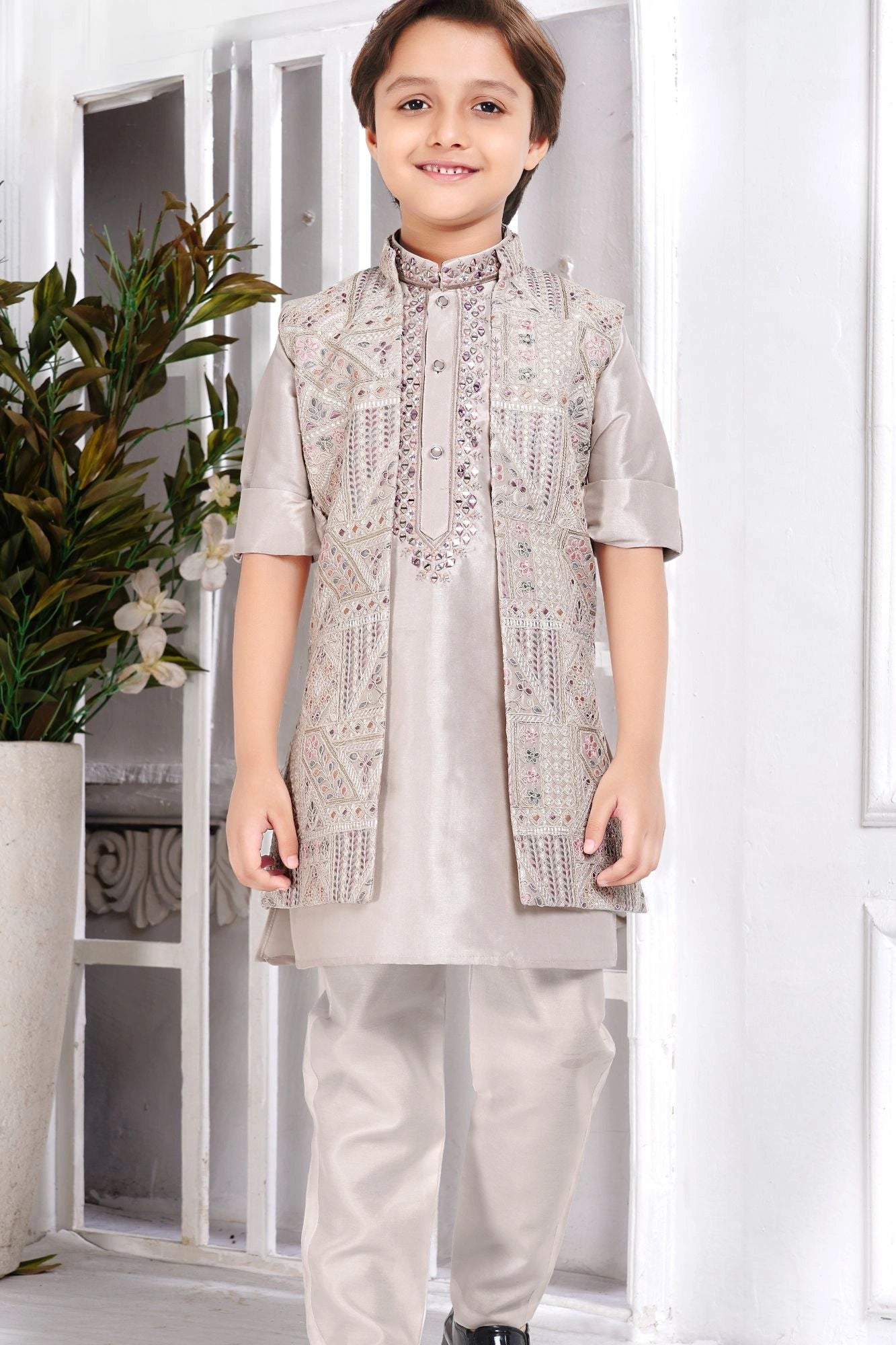 Taupe Thread Embroidery Work Sherwani Set With Jacket For Boys