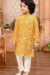 Mustard Yellow Floral Printed Kurta And White Pant Set For Boys