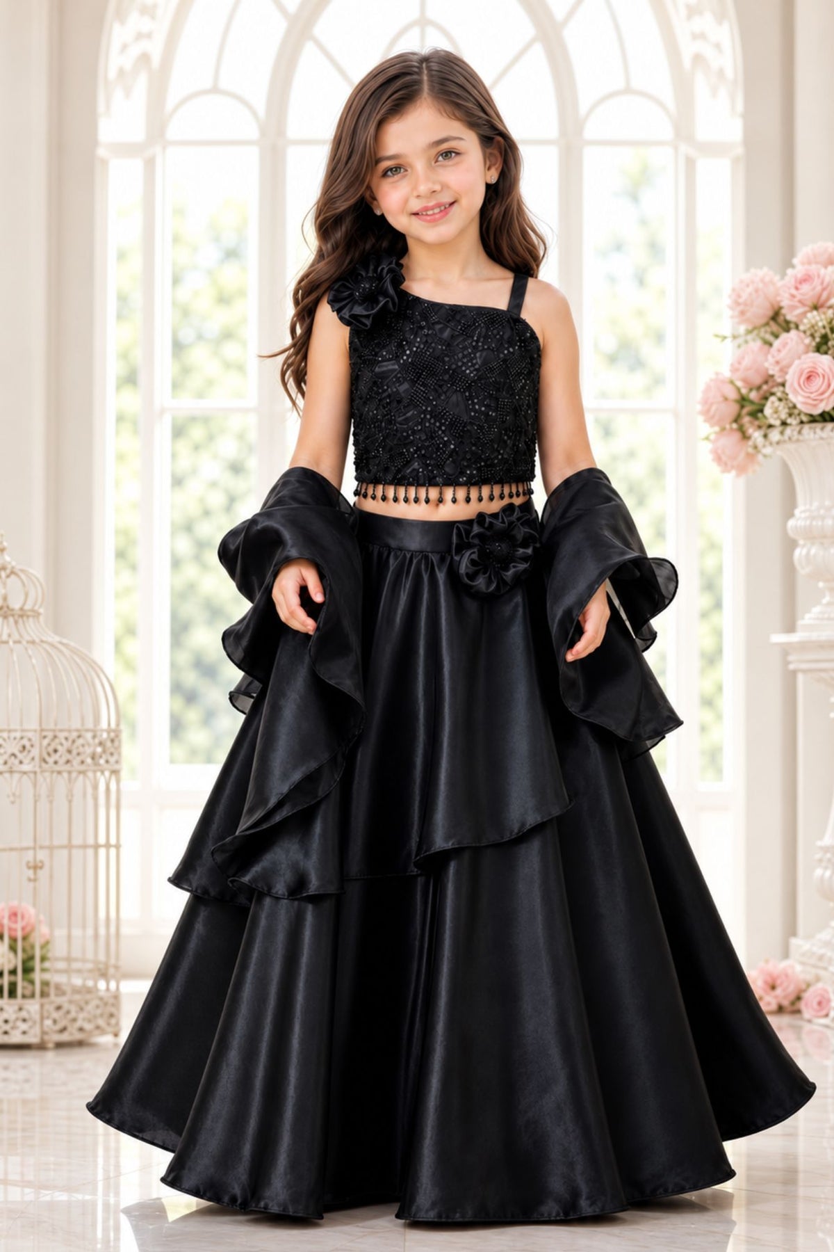 Black Sequin One-Shoulder Organza Lehenga Set For Girls