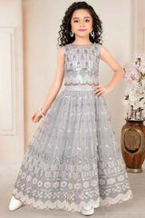 Grey Sequins Embroidered Lehenga Choli Set For Girls