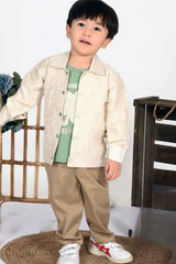 Off White Overcoat With Green T-Shirt And Brown Pant Set For Boys