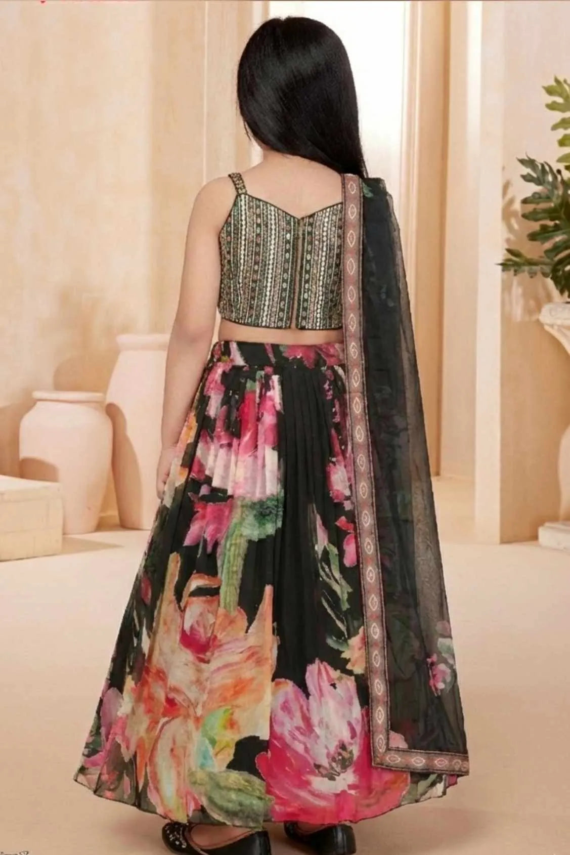 Black Floral Printed Lehenga Choli Set for Girls