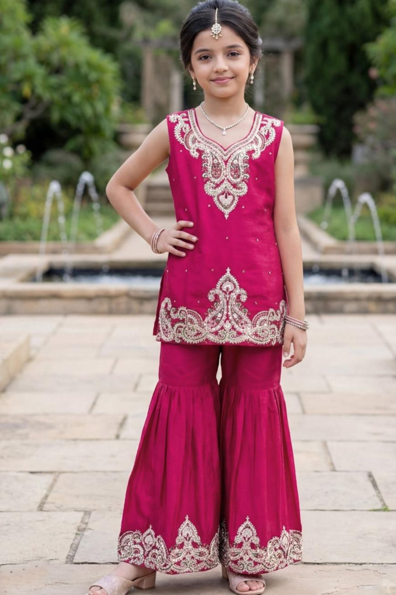 Rani Pink Zari Embroidered Sharara Set With Dupatta For Girls