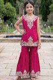 Rani Pink Zari Embroidered Sharara Set With Dupatta For Girls