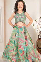 Green Mirror And Embroidery Work With Floral Printed Lehenga Choli Set For Girls