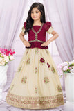 Maroon Banarasi Silk Pattu Pavadai With Embroidery Work For Girls