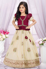 Maroon Banarasi Silk Pattu Pavadai With Embroidery Work For Girls