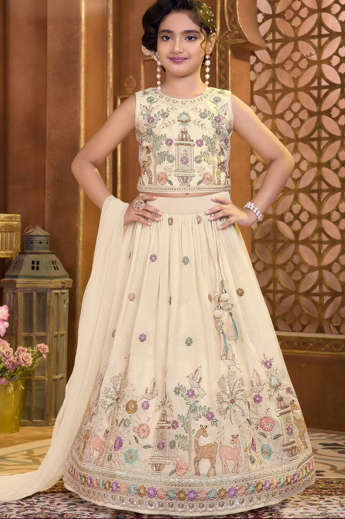 Beige Zari Embroidered Lehenga Choli Set For Girls
