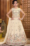 Beige Zari Embroidered Lehenga Choli Set For Girls