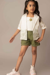 Olive Green Top And Shorts Casual Wear Set With Floral Embroidered Overcoat For Girls