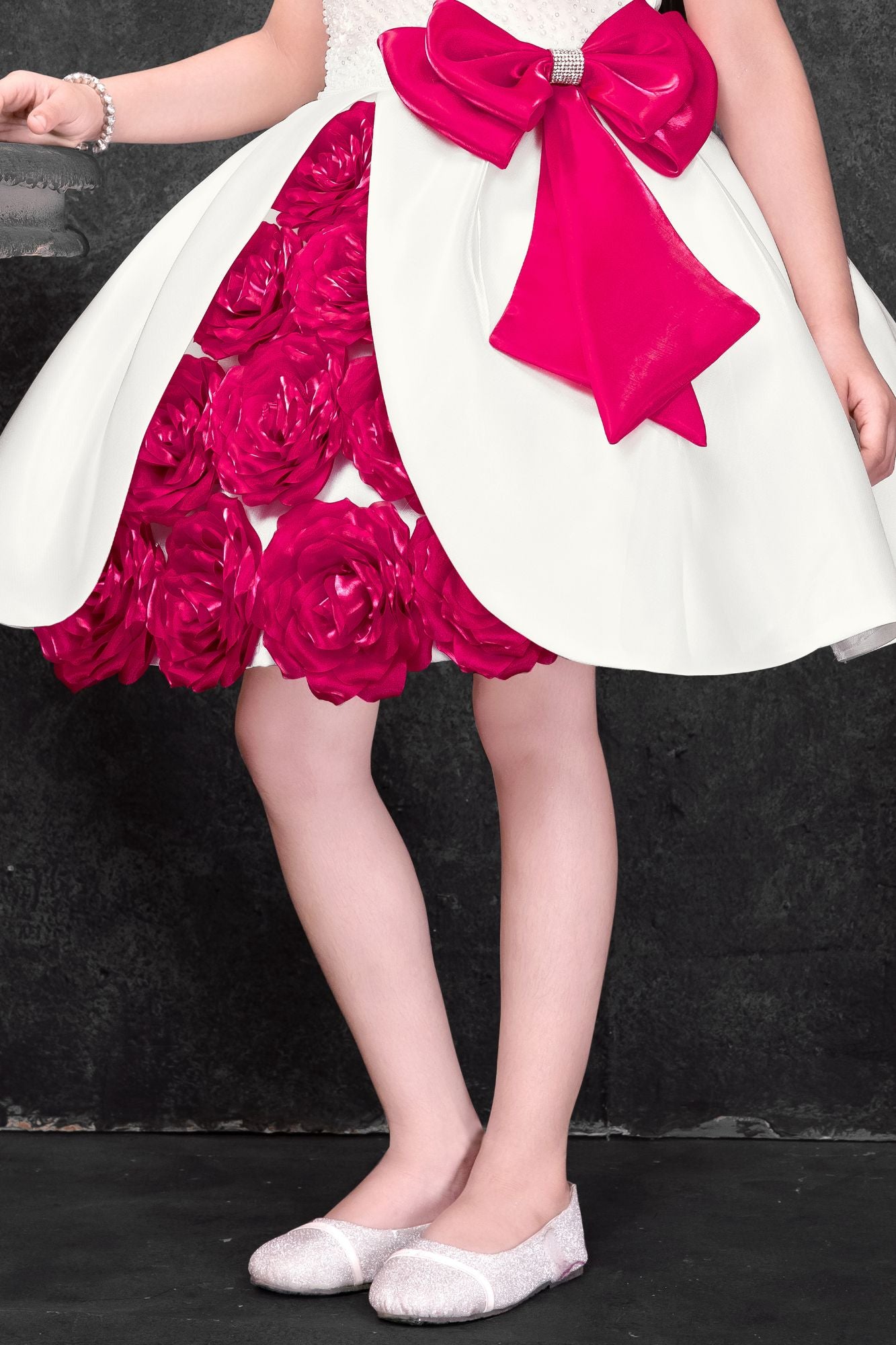 Girls White And Fuchsia Floral Applique Party Wear Frock with Bow Detail