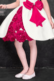 Girls White And Fuchsia Floral Applique Party Wear Frock with Bow Detail