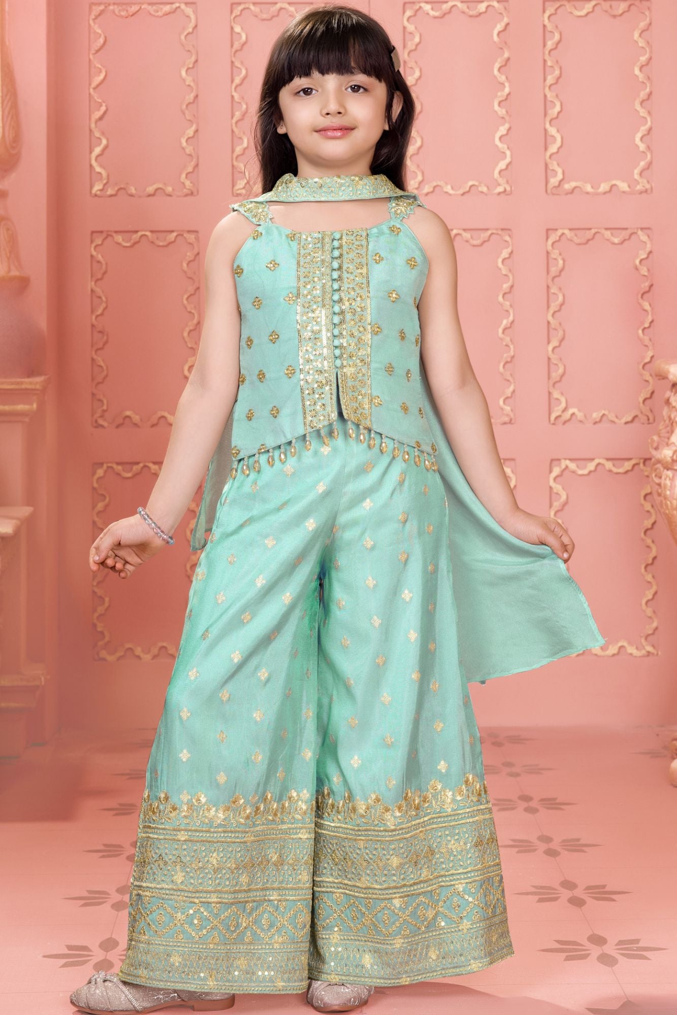 Sea Green Zari Embroidered Palazzo Set For Girls