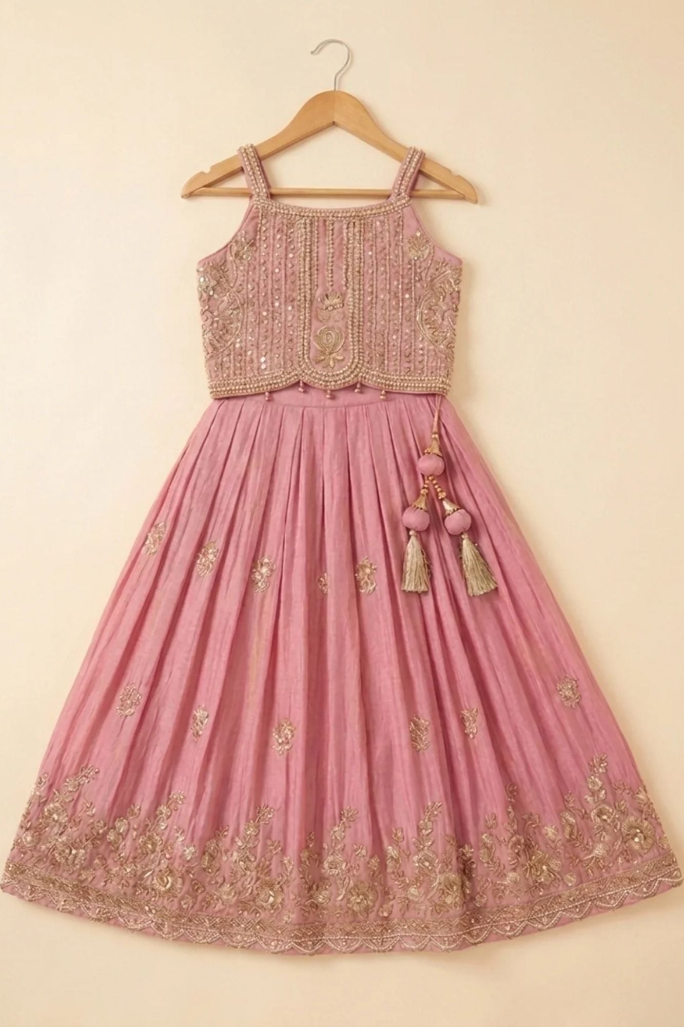 Girls Dusty Rose Embroidered Lehenga Choli Set with Dupatta