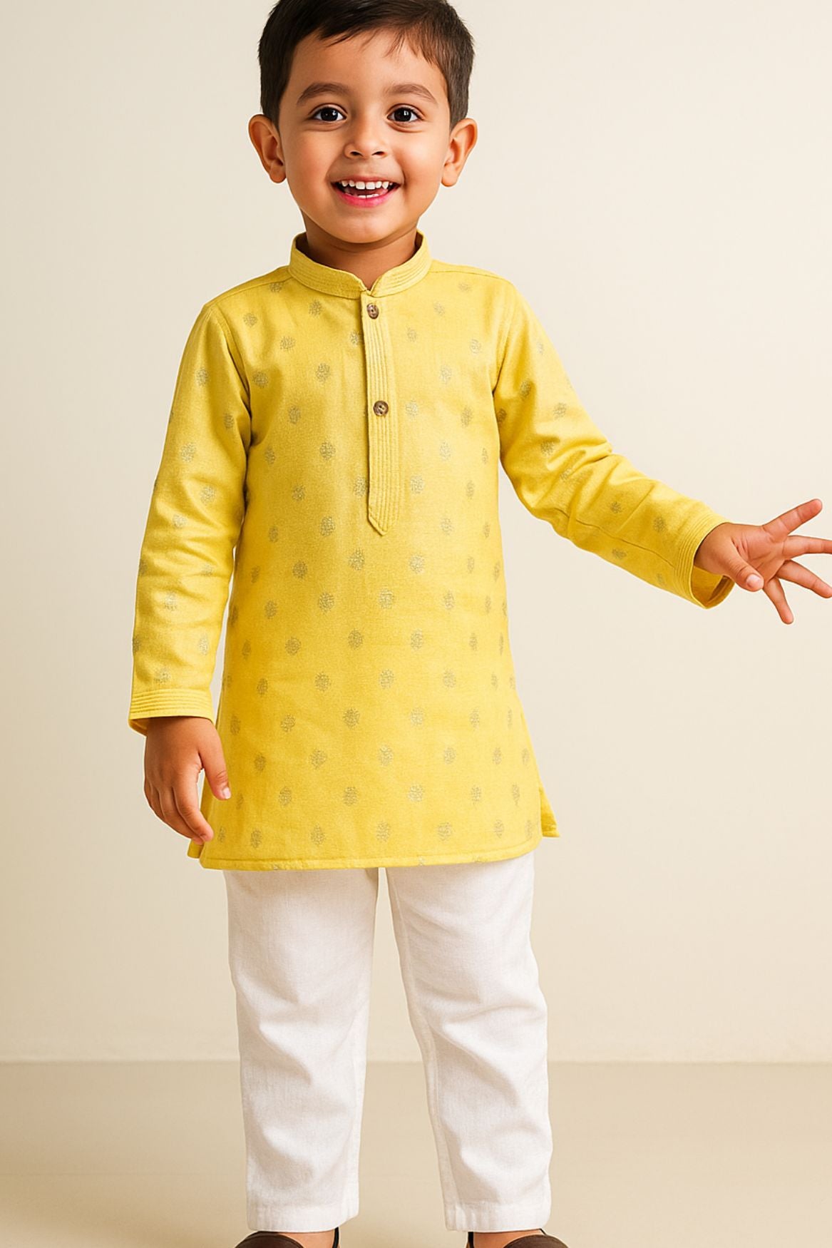 Yellow Printed Kurta Set With White Pants For Boys