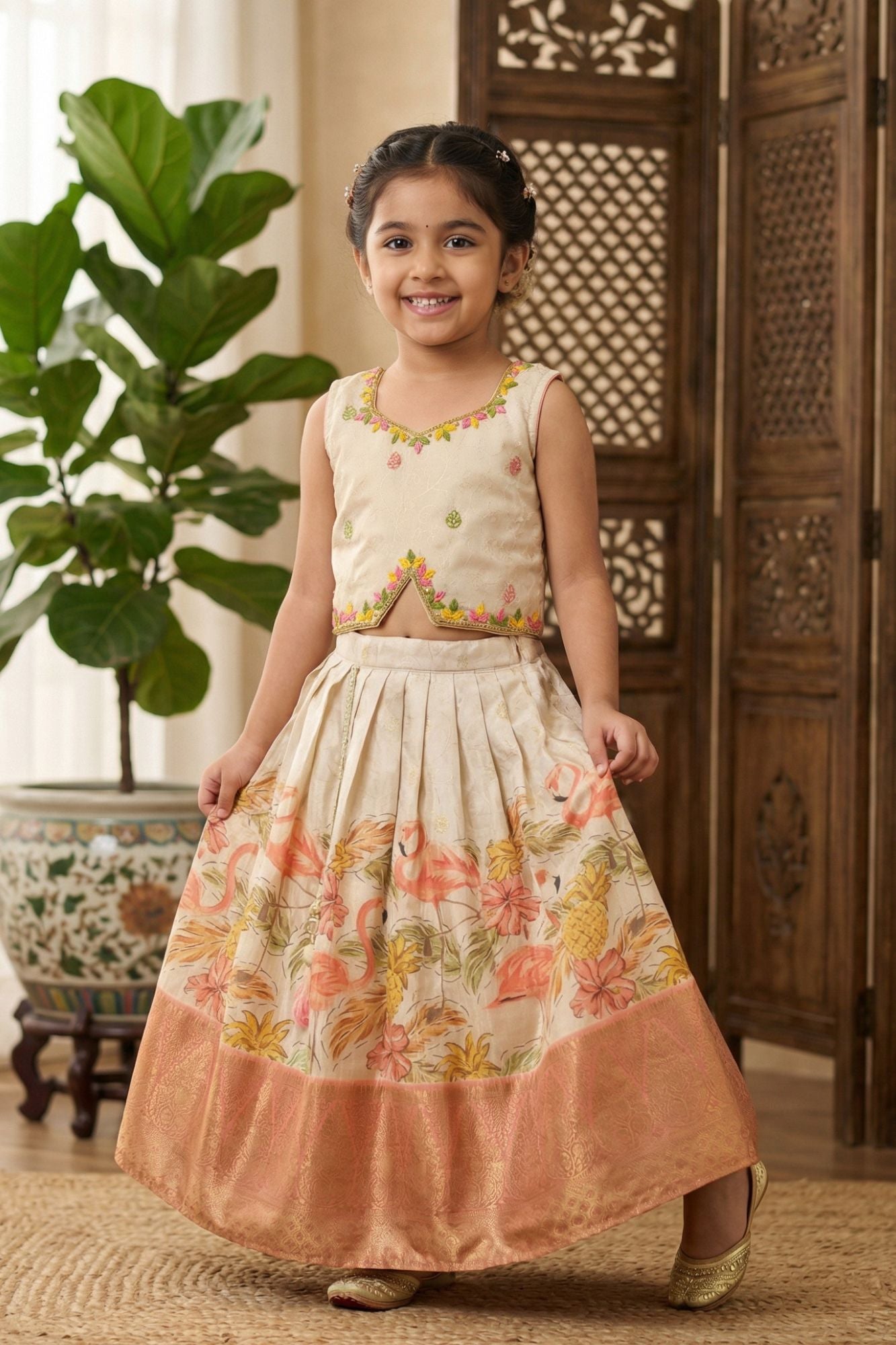 Ivory Printed Lehenga Choli Set with Embroidered Blouse For Girls