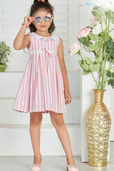 Pink Striped Casual Frock With Peter Pan Collar For Girls