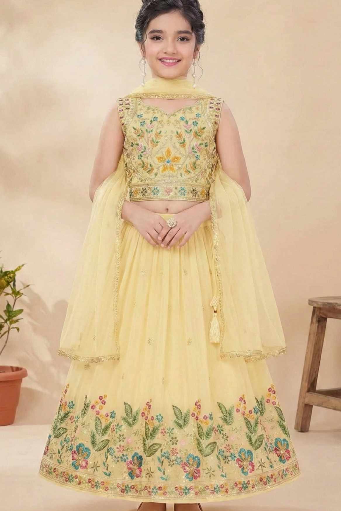 Cream Multicolor Embroidered Lehenga Choli For Girls