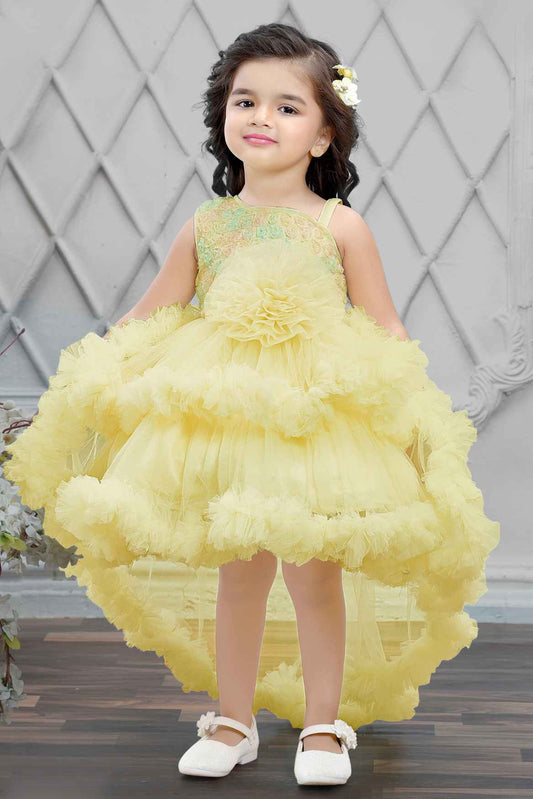 Lemon Yellow Tailback Frock With Floral Embellishment For Girls