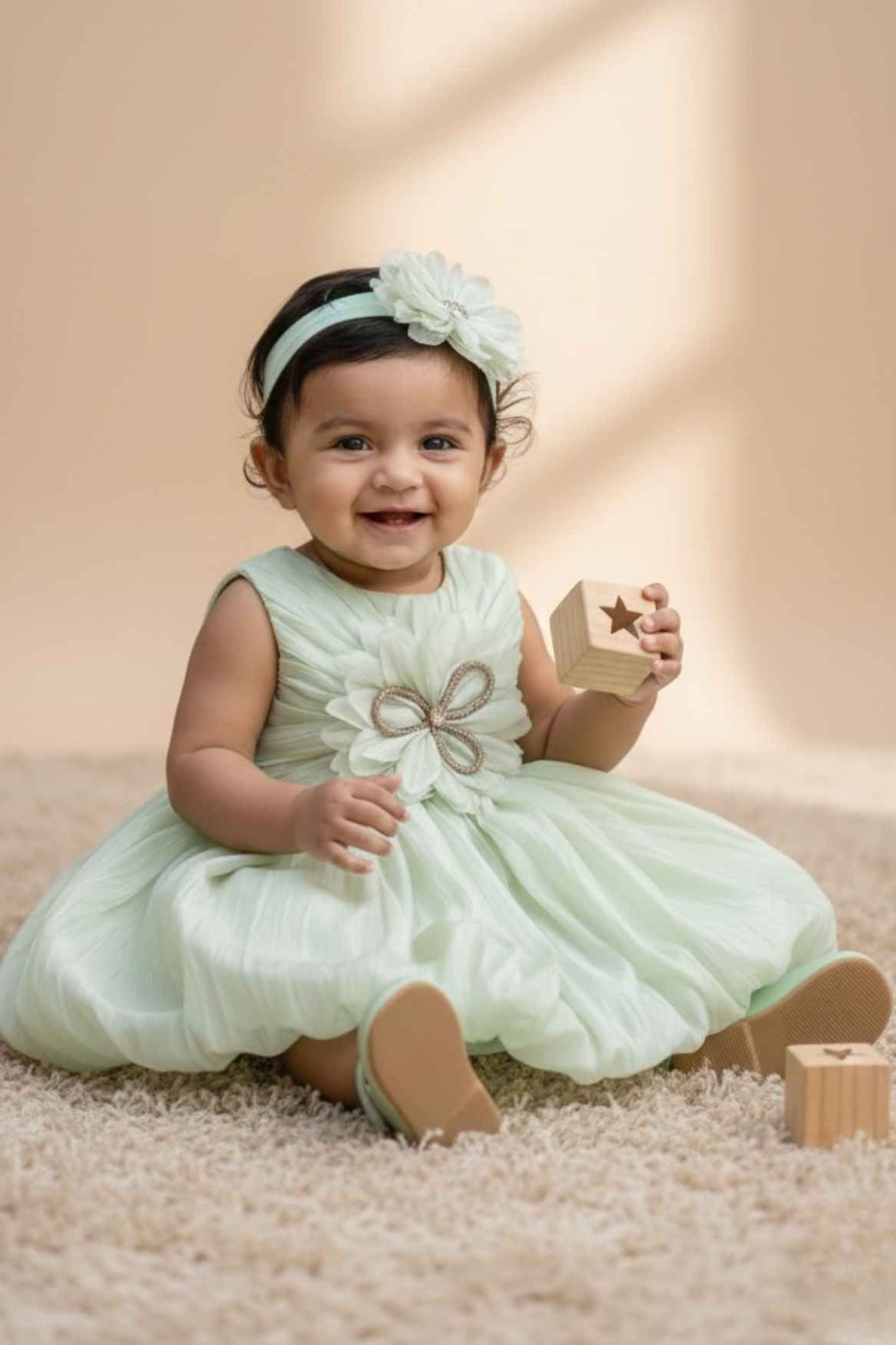 Mint Green Party Frock with Oversized Floral Appliqué and Pleated Shine Finish For Girls