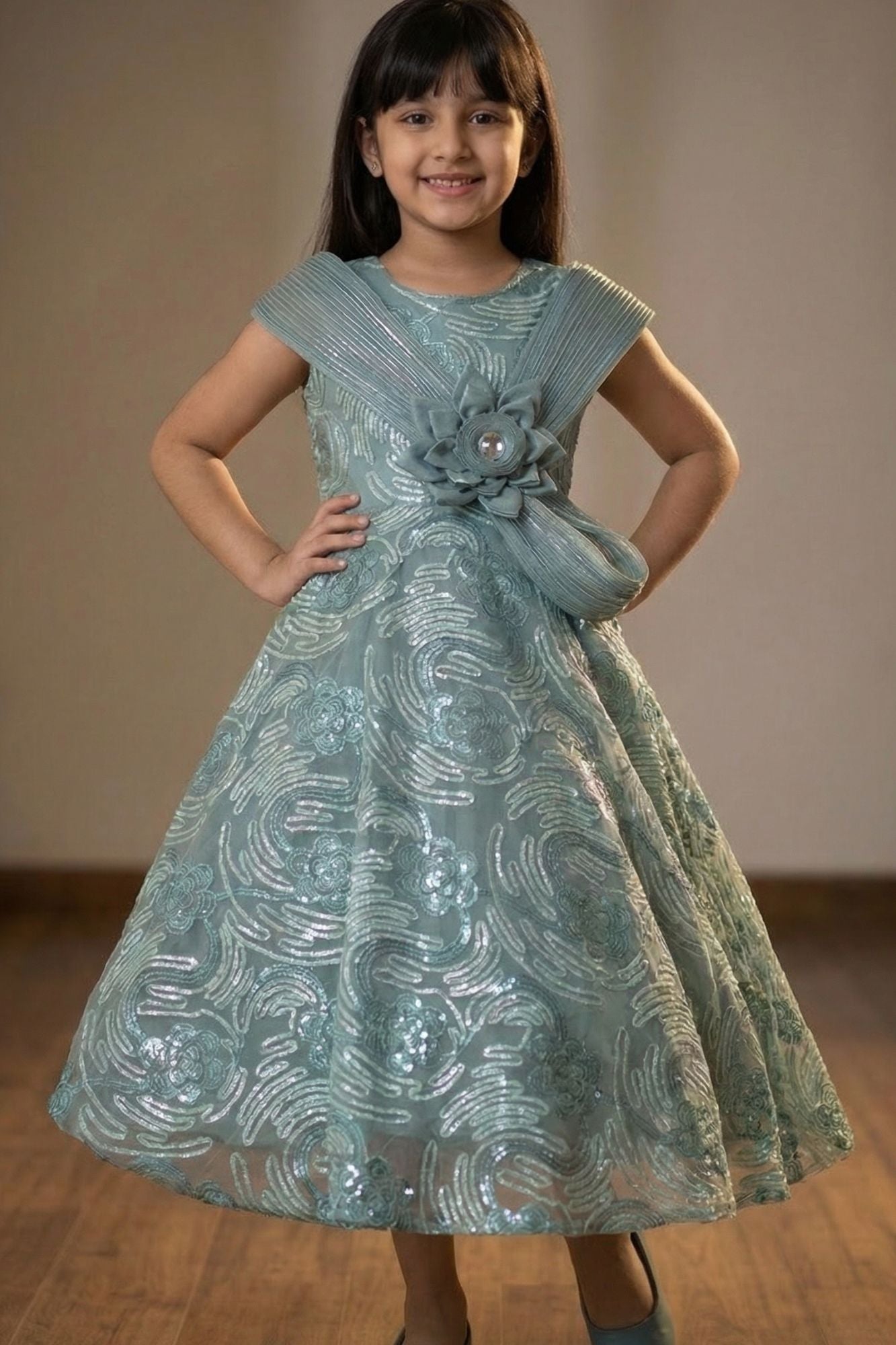 Blue Sequins Embellished Party Gown For Girls