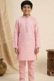 Pink Embroidered Linen Kurta Set For Boys