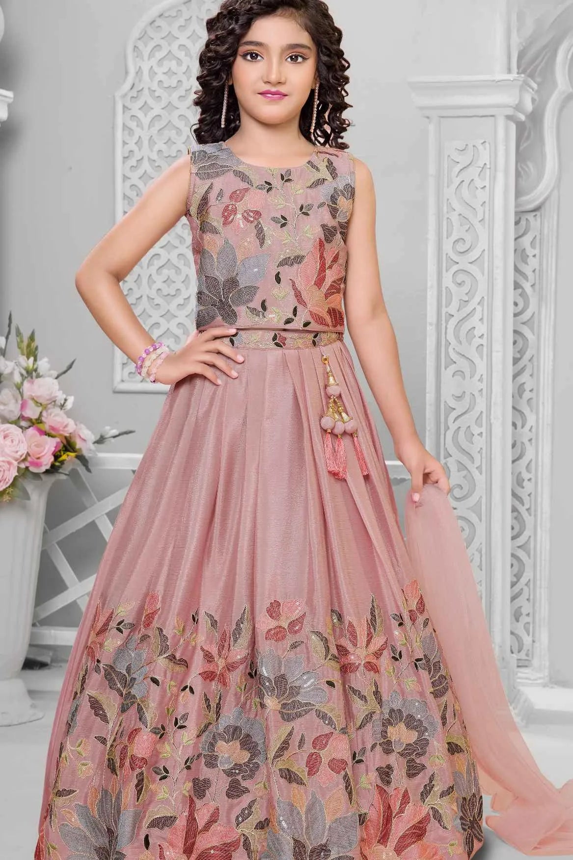 Dusty Pink Floral Embroidered Lehenga Choli And Dupatta For Girls