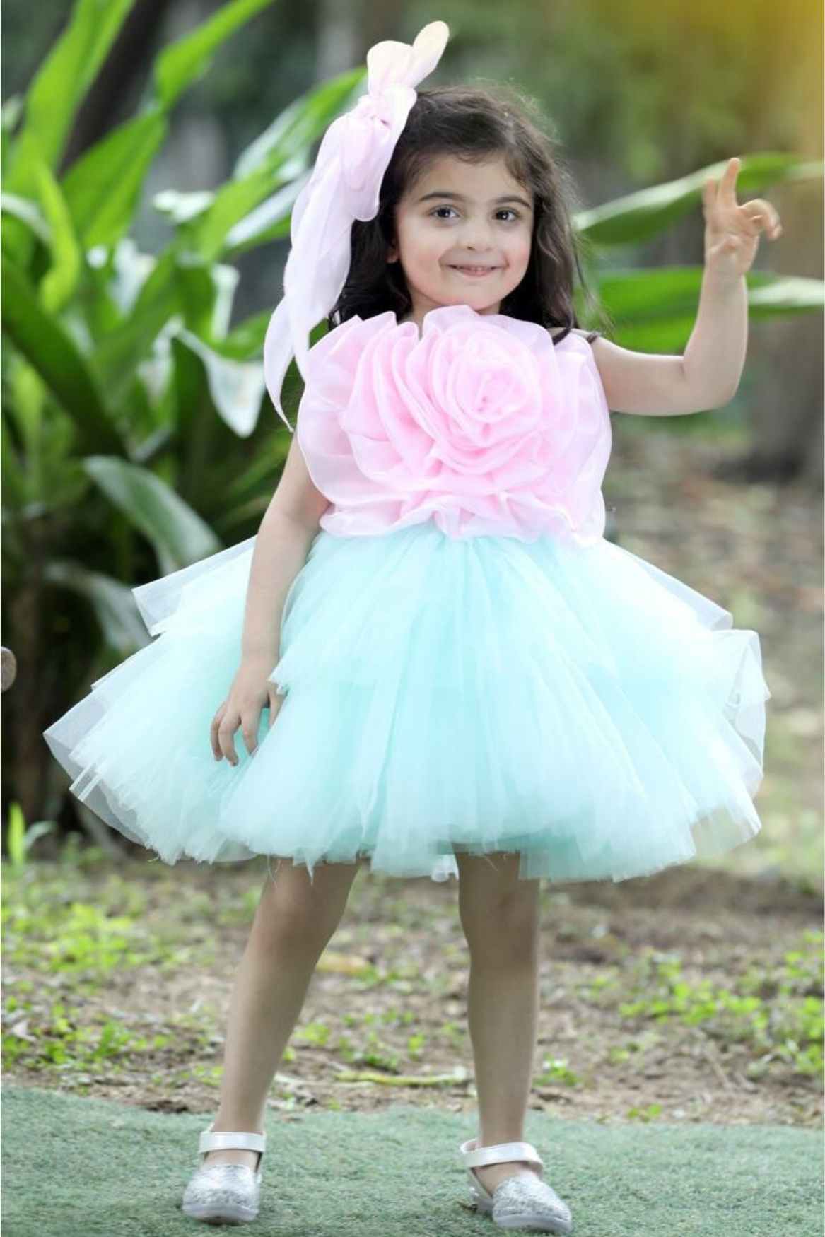 Pink Sleeveless And Floral Embellished Layer Frock For Girls